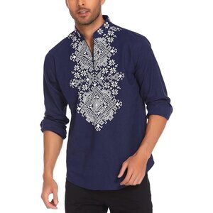 Men's Blue Shirt Long Sleeve Floral Print Casual Cotton Beach Hippie  T Shirt